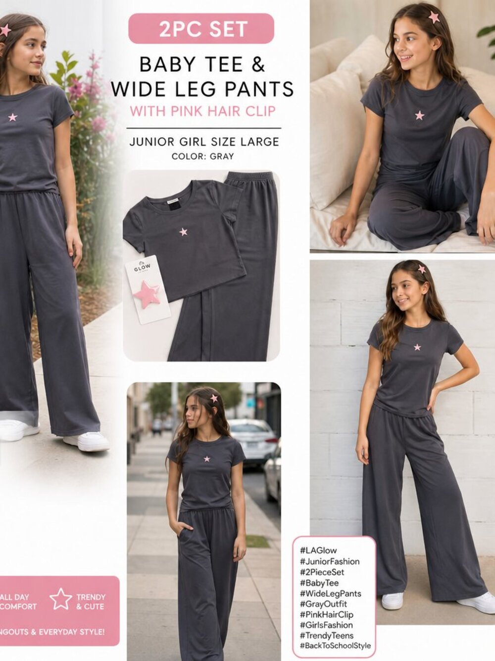 a:glow  Junior Girl 2‑Piece Set – Baby Tee, Wide‑Leg Pants & Hair Clip